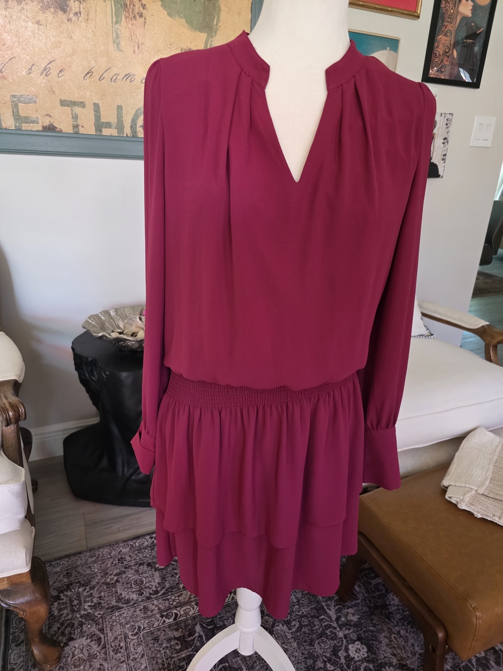 White House Black Market Long Sleeve Tiered Dress in Berry